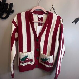 Striped Red and White Sweater with Truck Design